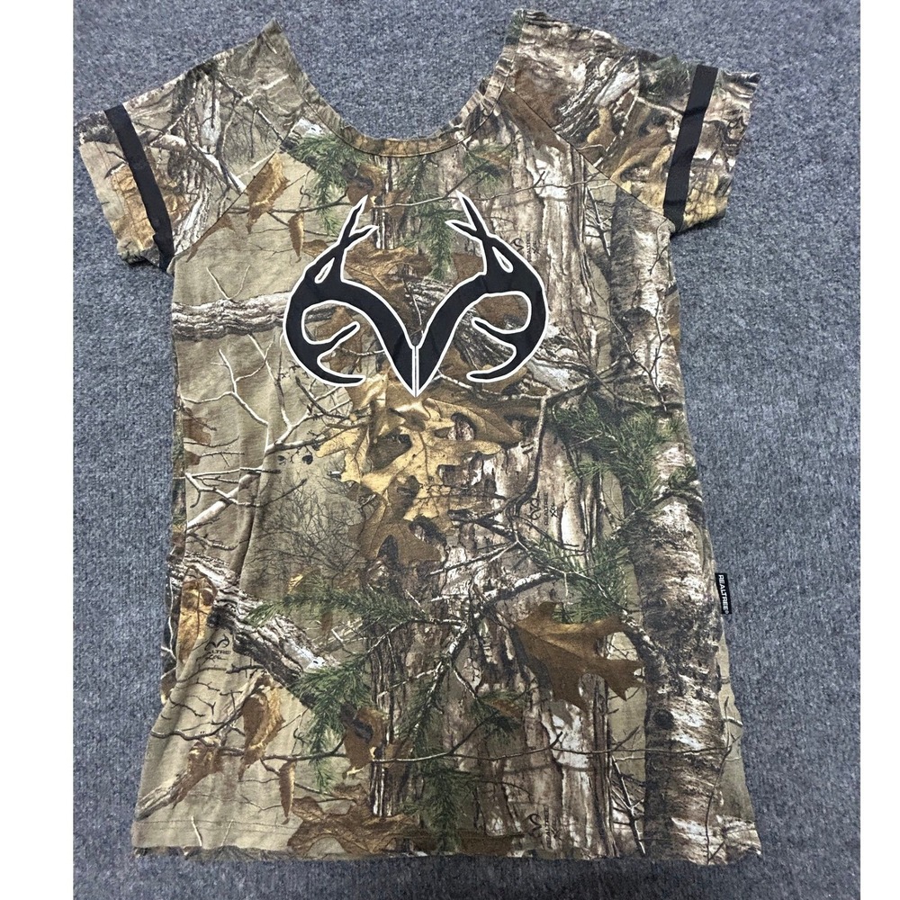 Realtree T-Shirt Womens Size 1X Brown Camo Graphic Logo Scoop Neck Short Sleeve